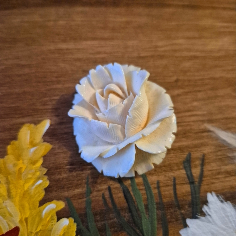 Vintage Hand Carved Bone Rose Flower Brooch Pin 1 3/4"